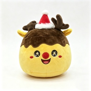 Peluche de reno personalizado que parpadea, peluche de reno amarillo redondo con astas marrones, peluche de reno con gorro de Papá Noel, peluche de reno con nariz roja - Product Image 3
