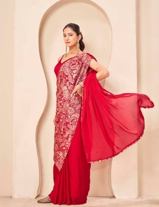 KV Women's <b>Red</b> Satin Plain Bollywood Style <b>Saree</b> With Unstitched Blouse - Product Image 5