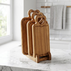 Ensemble de planches à découper en bois, 3 tailles différentes, soigneusement disposées sur un support de rangement élégant en métal noir mat, pour couper les légumes. - Product Image 6