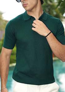 T-shirt en coton vert foncé tricoté pour homme, à manches courtes, coupe ajustée, décontracté, respirant, couleur unie, avec logo frontal - Product Image 4