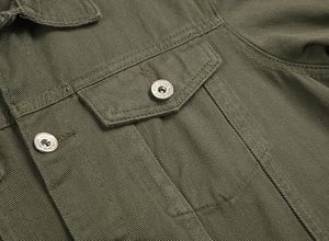 Men's Olive Green <b>Denim</b> Jacket Stand Collar Casual Slim Fit Single Breasted Button Closure Washed Cotton <b>Material</b> - Product Image 5