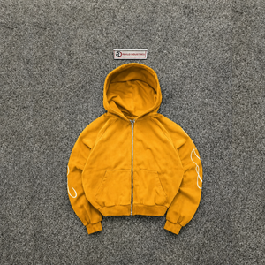 Men's GOLD Oversized Hooded <b>Zip</b>-<b>Up</b> Sweatshirt Solid Color Cotton French Terry Casual Autumn Wear <b>White</b> Print on Sleeve TOP SALE - Product Image 5