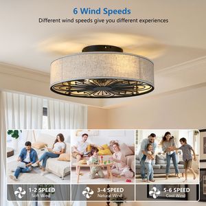 Ventilatore da soffitto a LED bianco stile rustico da 20 pollici con luci, a basso profilo, a incasso, per camera da letto, con telecomando e pale a gabbia - Product Image 2