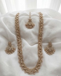 Lucentarts Jewellery Antique Gold Plated Zircon <b>Beaded</b> Long Necklace Earring <b>Set</b> MaangTikka for Wedding Party Traditional Indian - Product Image 3