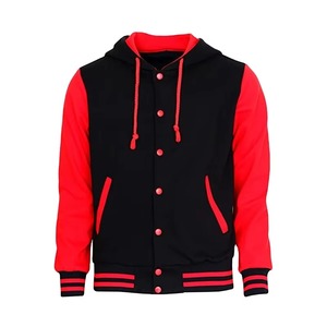 Black Red Hooded Varsity <b>Jacket</b> Fleece Snap Button College Style Men's Casual Outerwear Autumn Wear - Product Image 1