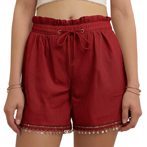 HYPEN SPORTS Short Bermuda Décontracté pour Femme Coupe Droite Taille Haute Élastique Uni Bordure Dentelle Respirant Lin/Coton Streetwear - Product Image 4