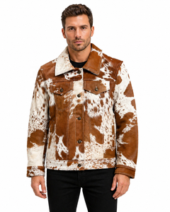 Veste personnalisée pour homme en cuir véritable marron et blanc à imprimé animal, imperméable, respirante, coupe-vent, col rabattu, fermeture à boutons - Product Image 1