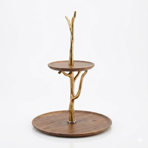 Handmade 2 Tier Mango Wood And Gold Metal <b>Cake</b> <b>Stand</b> Natural Finish Round Dessert Server For Cupcakes Fruits And Pastries Decor - Product Image 3