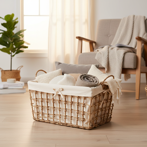 Cesta de paja tejida en forma de trapezoides con forro de tela y asa – Estilo rústico vintage elegante - Product Image 6