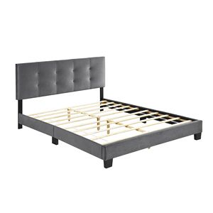 Letto a piattaforma Queen in velluto grigio scuro con testiera regolabile in altezza e bottoni trapuntati, mobili da camera in legno massello - Product Image 5