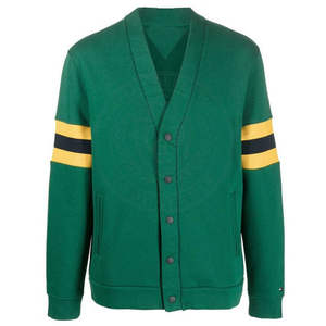 Custom Fraternity Green Fleece Jacquard Knitted <b>Cardigan</b> 100% Cotton Yellow <b>Black</b> Stripes Greek Letter Embroidery V-Neck Unisex - Product Image 1