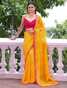 Sari Amarillo de Chifón con Encaje para Mujer KV con Blusa Sin Coser - Product Image 5