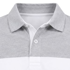 Heather Gray White Horizontal Stripe Polo <b>Shirt</b> Short Sleeve Collared Button Placket Casual Golf Team with JJ Logo Embroidery - Product Image 2