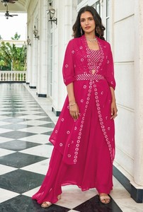 Georgette Faux Fur Free Size Stitched <b>Shrug</b> Suit with Sequences & Thread Work for <b>Wedding</b> & Diwali Knee-Length - Product Image 5