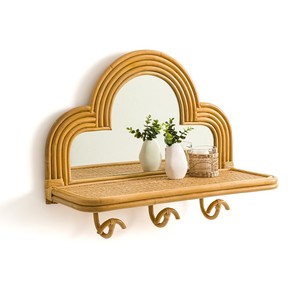 Cloud shape wooden mirror with storage <b>shelf</b> & <b>hook</b> functional rattan wall hanging mirrors - Product Image 1