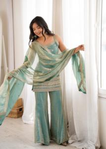 Conjunto de Kurta, Pantalón y Dupatta de Seda Bordada para Mujer, con Lentejuelas, Trabajo con Hilo Dori Zari, Traje Étnico para Fiesta - Product Image 3