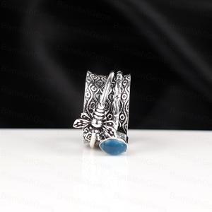 925 Sterling Silver Plated Bee Spinner Natural Blue Apatite Gemstone <b>Ring</b> Handmade Textured <b>Statement</b> Band Meditation <b>Ring</b> - Product Image 2