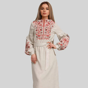 Robes en lin à motifs brodés, robes longues à manches longues, robes maxi à manches bouffantes, broderie florale, col rond, robes brodées de créateurs - Product Image 1