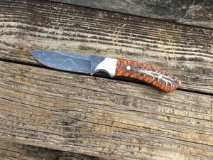 Custom Handmade Damascus Steel Hunting Knife Orange <b>Pinecone</b> Resin Handle Fixed Blade Skinner with Floral Tooled Leather Sheath - Product Image 5