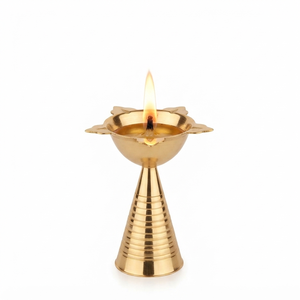 Tall Conical Ribbed Stand Brass Diya Traditional Indian Pooja Oil <b>Lamp</b> <b>Antique</b> Gold Finish Home Temple Decor Wholesale Suppliers - Product Image 1