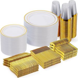 Kit di Articoli per Feste Usa e Getta per 100 Ospiti, 600 Pezzi, Piatti in Plastica Dorata - 100 Piatti da Cena e 100 Piatti da Dessert per Occasioni Speciali - Product Image 1