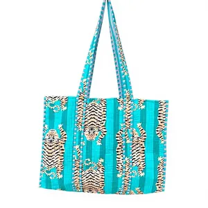 Green <b>Tiger</b> <b>Print</b> Cotton Quilted Tote Bag Fashion Open <b>Top</b> Shopping Bag All Seasons Style - Product Image 6