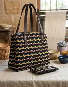 Bolsa de Mano Grande de Lona con Estampado en Zigzag, Bolso de Compras Abierto de Algodón con Asas Largas y Asa Corta para Uso Diario - Product Image 2