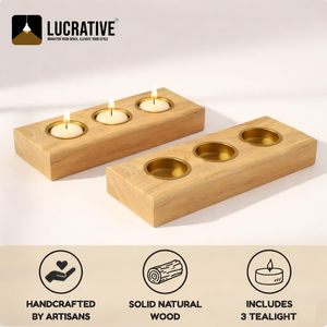 Wooden <b>Tealight</b> Candle <b>Holder</b> with Brass Cups – Handcrafted Decorative Candle Stand for Home - Product Image 5