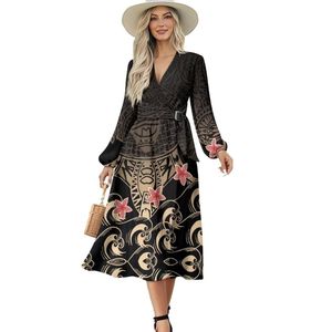 Puletasi Samoan Traditional Dress Plus Size Women's Long Sleeve <b>Wrap</b> V Neck Tie Waist A Line Maxi Dress - Product Image 3