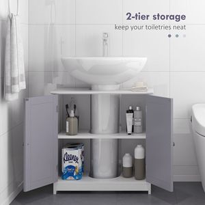 Mobile Bagno Combinato Bianco e Grigio a U con Lavabo Integrato, Ripiano Regolabile, in Legno Massello e PVC per Hotel - Product Image 5