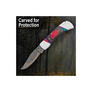 Cuchillo de caza de hoja fija de acero de Damasco hecho a mano por PAK ENTERPRISES con mango de madera grabado y taladro de metal ornamentado - Product Image 6