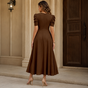 Vestido maxi marrón con cuello en V y mangas abullonadas para mujer |   Falda de Cintura Natural con Dobladillo Acampanado, Mezcla de Poliéster Ecológica, Estilo Casual, Vintage, para Fiesta - Product Image 3