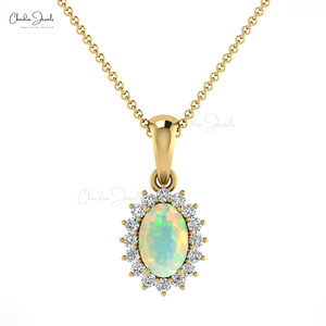 Pendentif halo délicat en diamant blanc rond de 1,1 mm de haute qualité, or véritable 14 carats, opale éthiopienne, prix d'usine. - Product Image 3