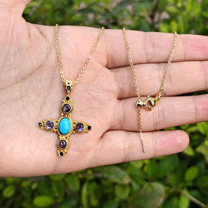 Collar con Colgante de Cruz Turquesa Azul Antiguo, Latón Sólido Chapado en Oro de 18k, Joyería Religiosa, Regalo de Bautismo Cristiano de Moda - Product Image 2