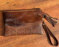 Dompet tangan kulit sapi ukir, dompet kantong kulit sapi, patch Barat rambut pada kulit bulu