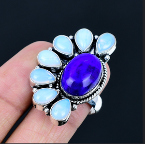 Milky Opal, <b>Lapis</b> <b>Lazuli</b> Gemstone Half Flower Statement <b>Ring</b> Sterling Silver Handmade Floral Jewelry Unique Gift for Mom Women - Product Image 2