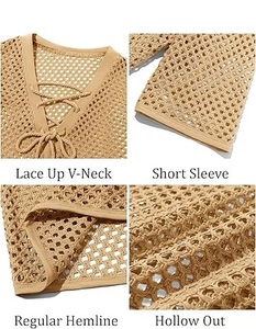 Summer Wear Half Sleeve <b>Fishnet</b> Distress Outdoor Drawstring Neck See Through Transparent Loose Workout Casual Sheer Mesh T Shirt - Product Image 2