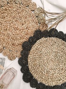 Round Woven Table <b>Mats</b> Handmade Bohemian Style Natural Black Rose Design 450mm Diameter - Product Image 1