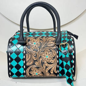 Bolso de mano Speedy a cuadros de tamaño mediano de diseñador occidental para mujer, bolso de viaje de cuero repujado a mano, bandolera, bolso de hombro, cartera de mano - Product Image 4