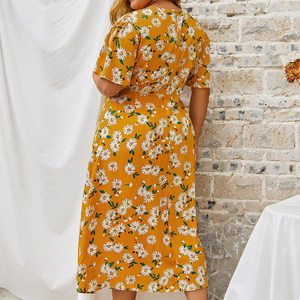 Vestido Casual de Verano Bohemio para Mujer Talla Grande, con Estampado Floral, Cuello en V, Manga Abullonada, Cintura Imperio, Línea A, Largo hasta la Rodilla - Product Image 4