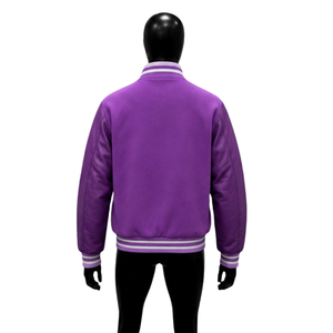 Veste universitaire classique violette pour homme, col rayé, manches en cuir, couleur unie, décontractée, col rabattu, boutonnée sur le devant - Product Image 2