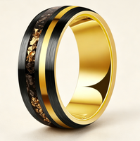 Wolframcarbid-Ring mit Goldblatt- und Meteoriteneinlage, gebürstete Kante, Komfort-Herren-Ehering, Verlobungs- und Versprechensschmuck