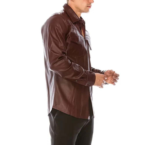 Men's Black Leather Long Sleeve <b>Button</b> Down <b>Shirt</b> leather Solid Color Turn-down Collar Full Sleeve Autumn Wear - Product Image 4