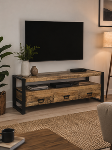 Mueble de TV Rústico de Madera Maciza Hecho a Mano, Mesa Consola con Almacenamiento, Mueble para Sala de Estar de Apartamento - Product Image 1