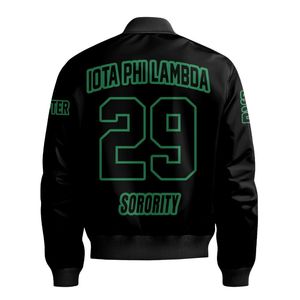 Chaqueta Universitaria Personalizada Iota Phi Lambda para Mujer, Chaqueta Bomber Negra con Letras Griegas, Escudo, Número y Año - Product Image 6