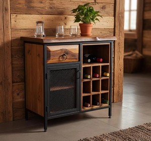 <b>Rustic</b> Solid Mango Wood Bar <b>Cabinet</b> with Wine Storage and Metal Mesh Door Freestanding Console for Drinks Organization - Product Image 5