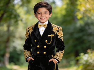 Costume pour garçon en velours bleu royal à double boutonnage avec broderie dorée, ensemble de costume formel pour mariage et fête - Product Image 3