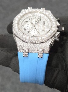 Montres en quartz personnalisées, luxe, cadran serti de diamants, chronographe analogique, montre unisexe, bracelet en caoutchouc bleu - Product Image 2