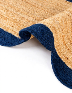 Handmade Natural Round Jute <b>Rug</b> Navy Blue Scalloped Border Braided Area <b>Rug</b> <b>Boho</b> Farmhouse Living Room Carpet - Product Image 3