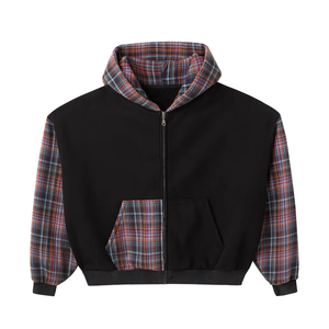 Sweat-shirt à capuche surdimensionné pour homme, manches à carreaux, patchwork, polaire, décontracté, vêtements d'automne - Product Image 1